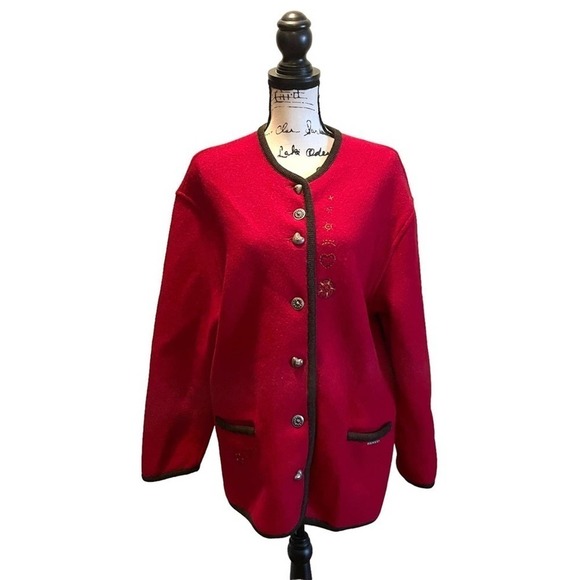 GEIGER of Austria Wool Sweater Jacket Cardigan Ruby Red Large Hearts Stars VTG - Picture 1 of 13